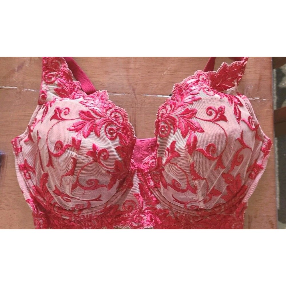 Soma Lace Bra Womens 34DD Red Sheer Floral Stones Sensuous Plunge New